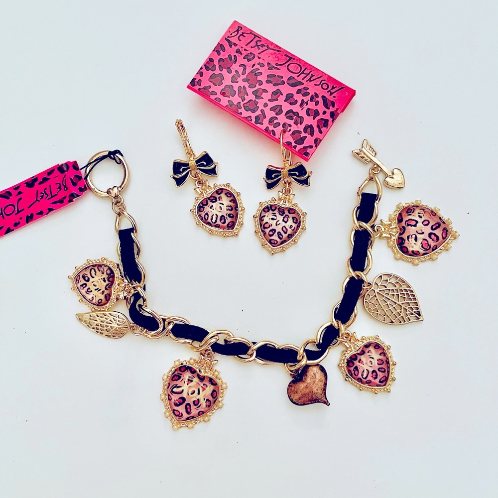 Betsey Johnson, heart earrings, and bracelet set